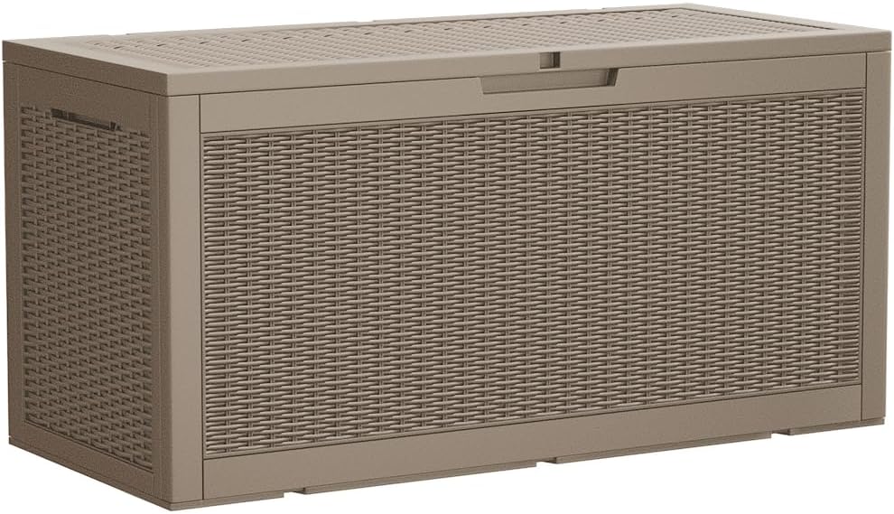 Devoko 95 Gallon Deck Box Large Resin Outdoor Storage Box, Waterproof and UV Resistant Lockable for Outdoor and Patio, Large Storage Cabinet for Patio Furniture, Tools and Pool Supplies, Light Brown