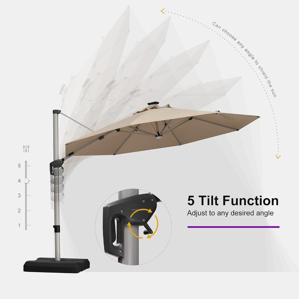 PURPLE LEAF Cantilever Umbrella with base 11ft Outdoor Round Patio Solar Powered LED Umbrella with 360-degree Rotation for Garden Deck Pool Patio, Beige
