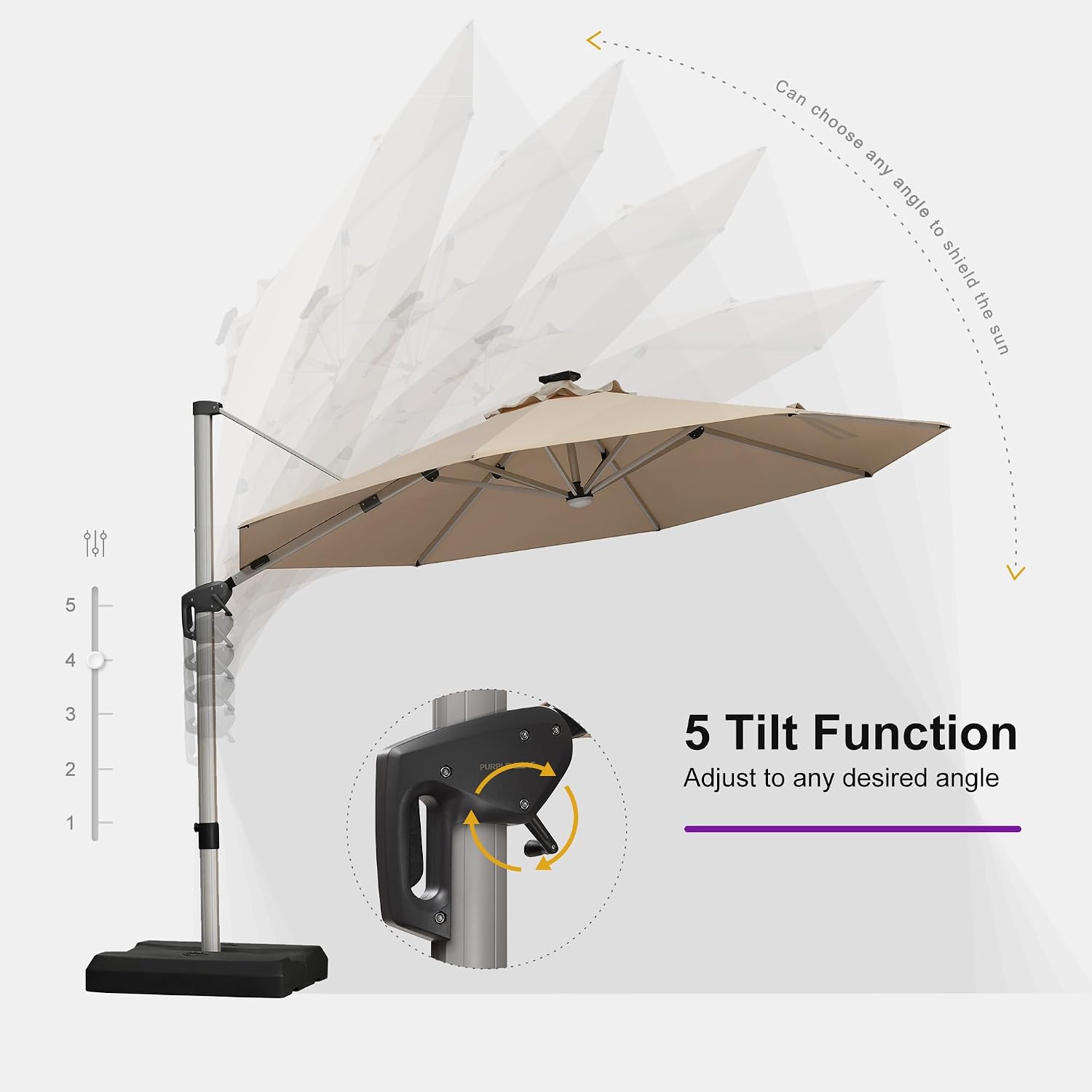 PURPLE LEAF Cantilever Umbrella with base 11ft Outdoor Round Patio Solar Powered LED Umbrella with 360-degree Rotation for Garden Deck Pool Patio, Beige