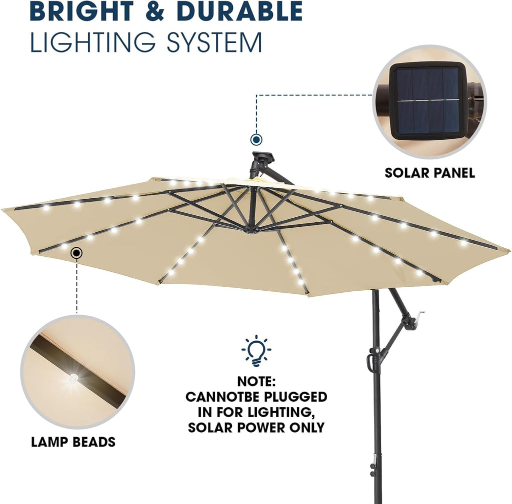 wikiwiki 10ft Solar LED Patio Umbrella with Base Included, Offset Umbrella with Weighted Sandbag Base, Cantilever Patio Umbrellas for Backyard, Garden & Deck, 32 LED Lights & Polyester Shade, Beige