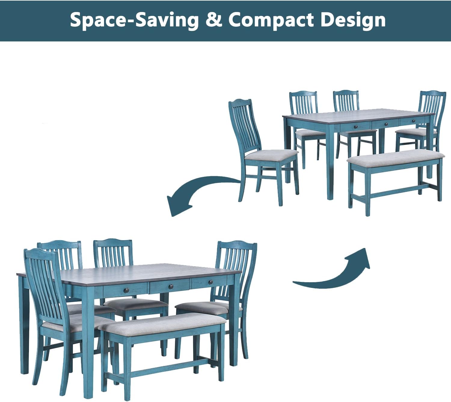 Compact 6-Piece Dining Table Set, Solid Wood Kitchen Dining Room Table Set with 4 Padded Ergonomic Chairs & Bench, 60'' Rectangular Table with Storage Drawer, Space-saving Design (Antique Blue-P)