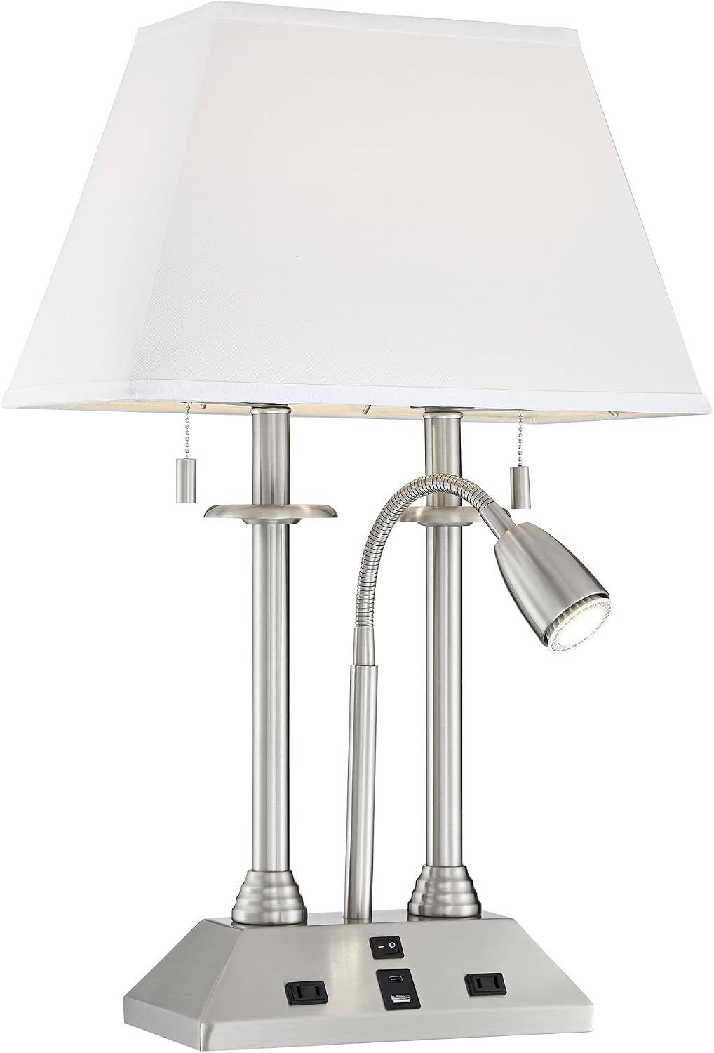 Possini Euro Design Dexter 26' High Modern Table Lamp with USB Charging Ports A+C and AC Power Outlet in Base Brushed Nickel LED Reading Light White Linen Shade Bedroom Living Room House Desk