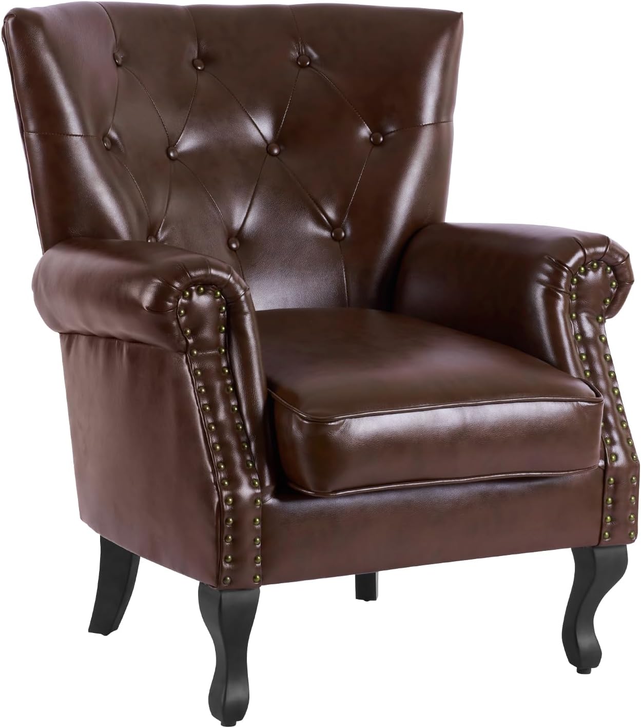 MOJAY PU Leather Accent Chair, Mid-Century Modern Armchair Living Room Club Chair with Tufted Button & Rivet Trim, Upholstered Sofa Chair with Sturdy Wood Legs for Bedroom (Reddish Brown)