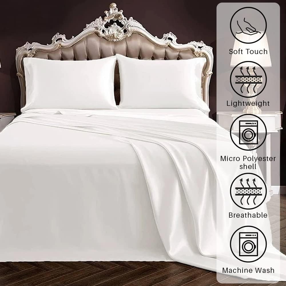100% Pure Silk Sateen Sheet Set |7 Pcs|Fitted Sheet Fits Up to 15' Deep Pocket Mattress|Flat Sheet Fitted Sheet Duvet Pillowcase Set|Wrinkle Free Fade Resistant (Queen, Gold)