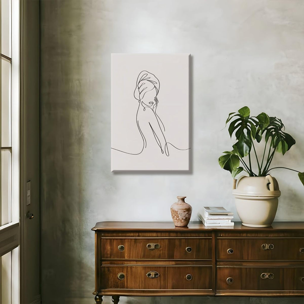 Trendy Female Sketch Wall Art Elegant Home Artwork Decor Minimalist Black and White Body Line Painting Poster Abstract Canvas Print Wall Decor for Bedroom Washroom Bathroom Framed20x30inch