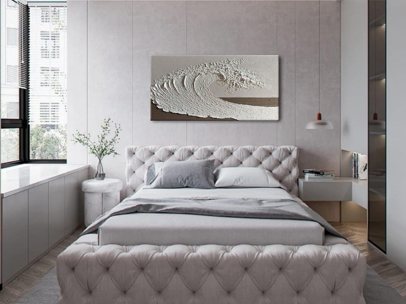 Slyart Abstract Ocean Wave Wall Art, White Textured Oil Painting on Canvas, Modern Minimalist Wall Decor