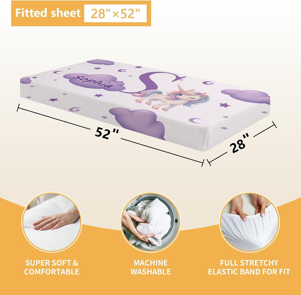 Terwex 5 Piece Customized Crib Bedding Set for Girls - Custom Name Baby Crib Purple Unicorn Nursery Bedding Set with Soft Blanket, Fitted Sheet, Rug, Personalized Gifts for Toddlers, Newborns, Infants