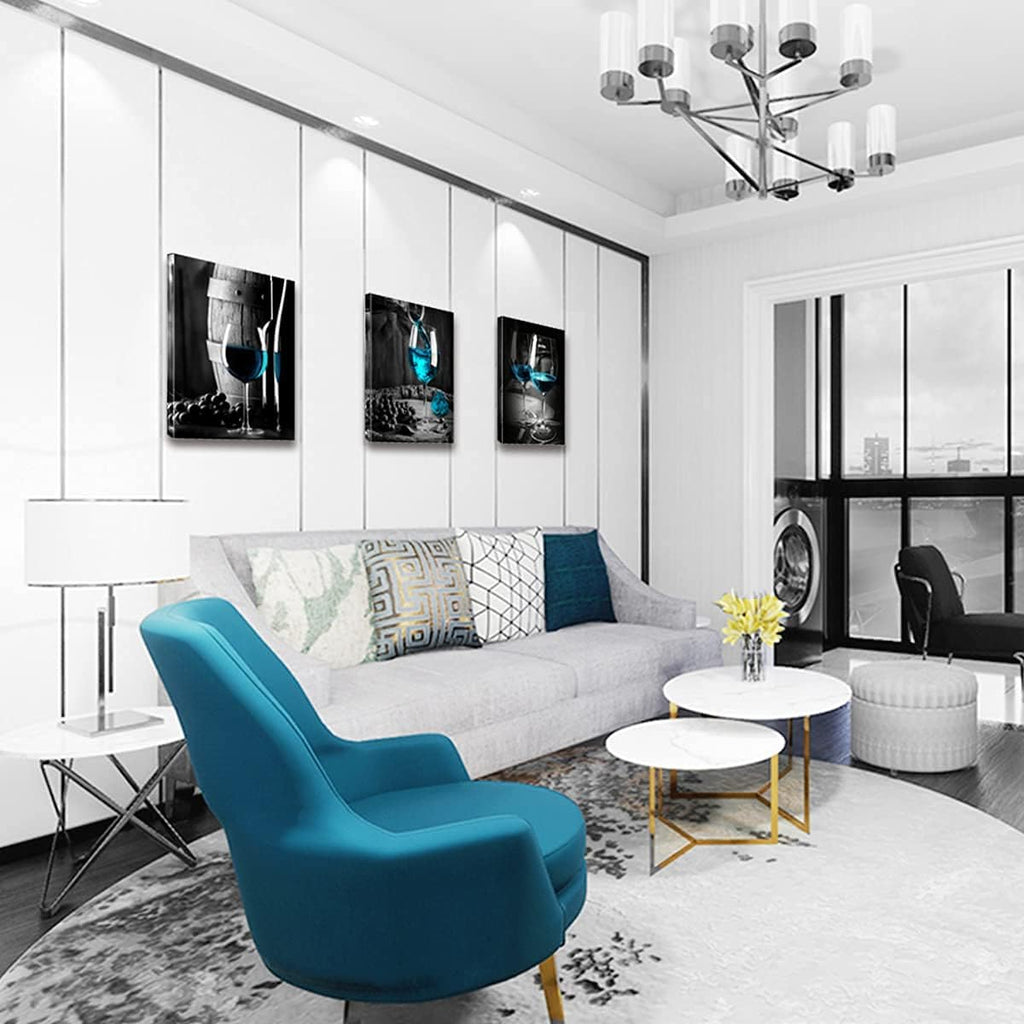 Teal Wine Dining Room Wall Decor Black and Blue Pictures Wall Art for Living Room Glass Goblet Canvas Paintings Home Decorations 16x24 Contemporary Turquoise Kitchen Bedroom Prints Posters 3 Pieces