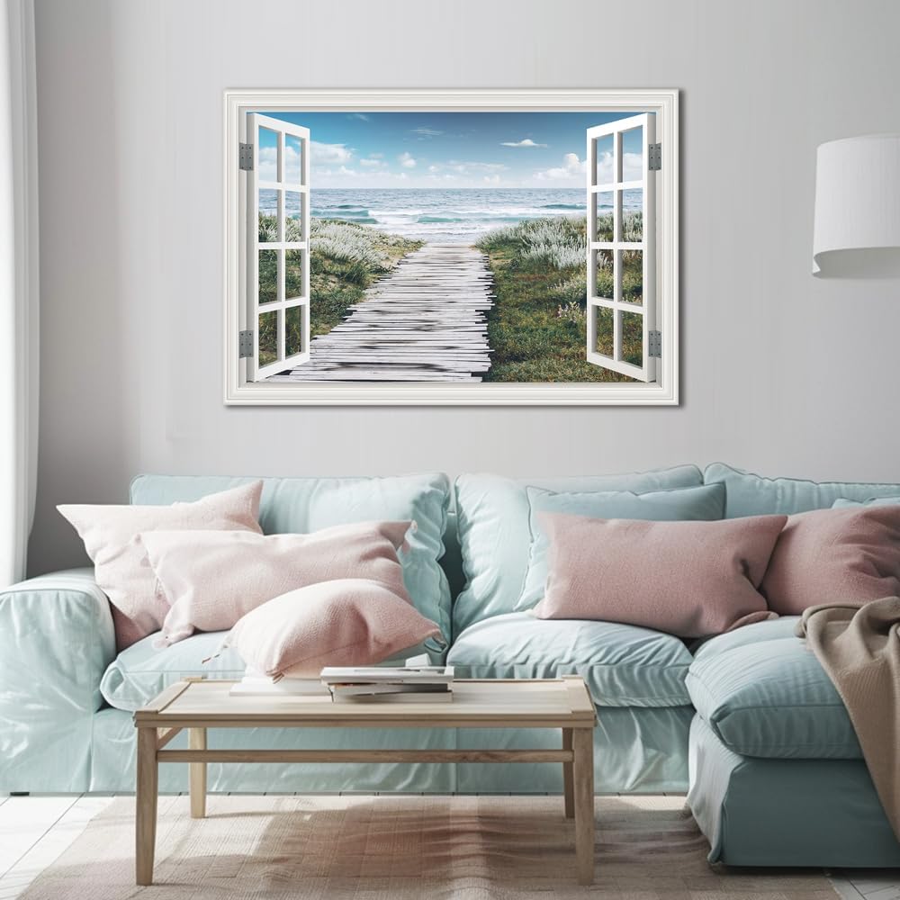 Ocean Canvas Wall Art Decor for Living Room Beach Flowers Path Pictures for Bedroom White Fake Window Frame Style Seascape Painting Extra Large Blue Coastal Landscape Art Print Hone Office Kitchen Basement Decorations 32' x 48'inch