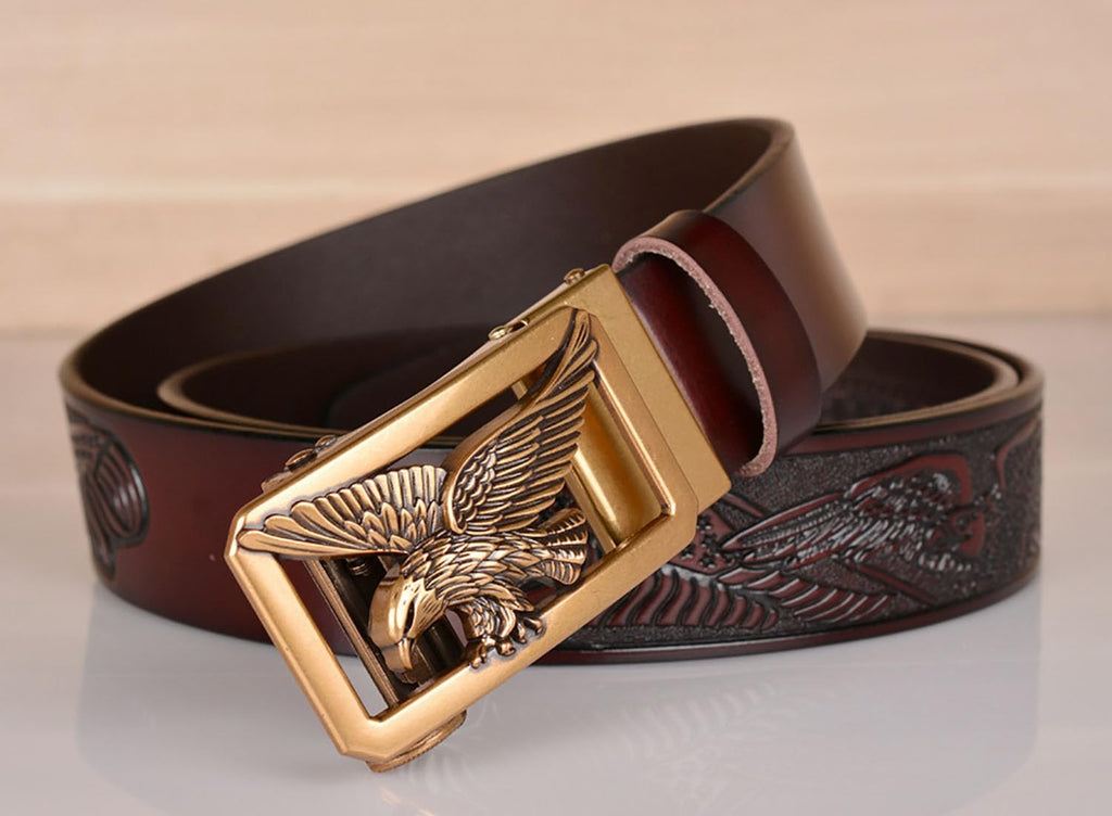 Mens Ratchet Leather Belt, Genuine Leather belts, Engraved Vintage Dragon Eagle Tiger Buckle, Business leisure belt