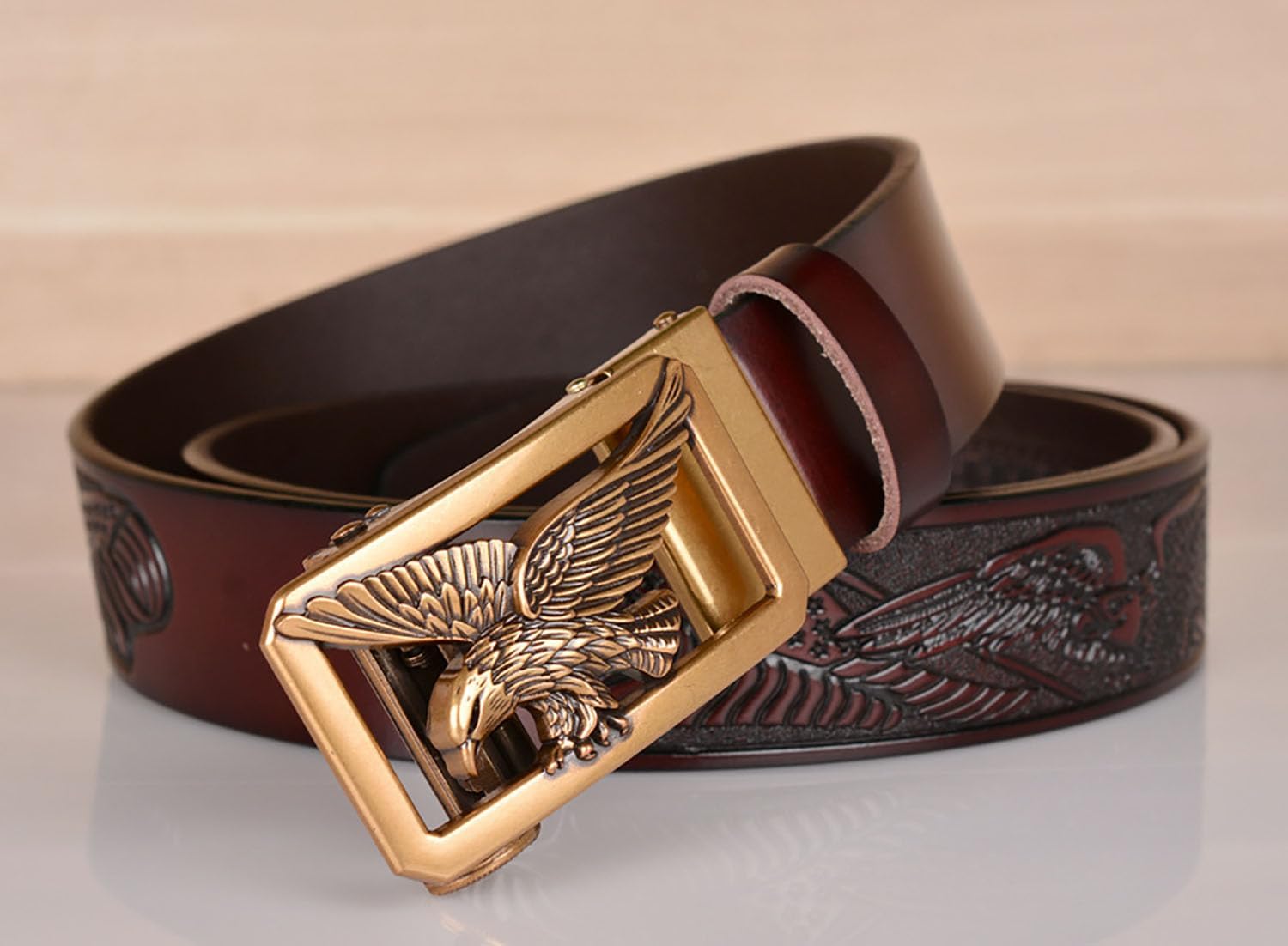 Mens Ratchet Leather Belt, Genuine Leather belts, Engraved Vintage Dragon Eagle Tiger Buckle, Business leisure belt