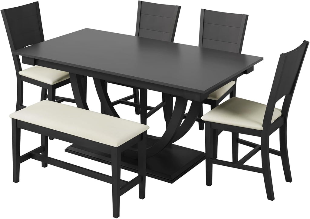 Modern Solid Wood 6-Piece Dining Table Set, Unique Design Half Round Legs Dining Table with Upholstered Dining Chairs&Bench, Kitchen Dining Room Set for 6 (Grey-Half L)