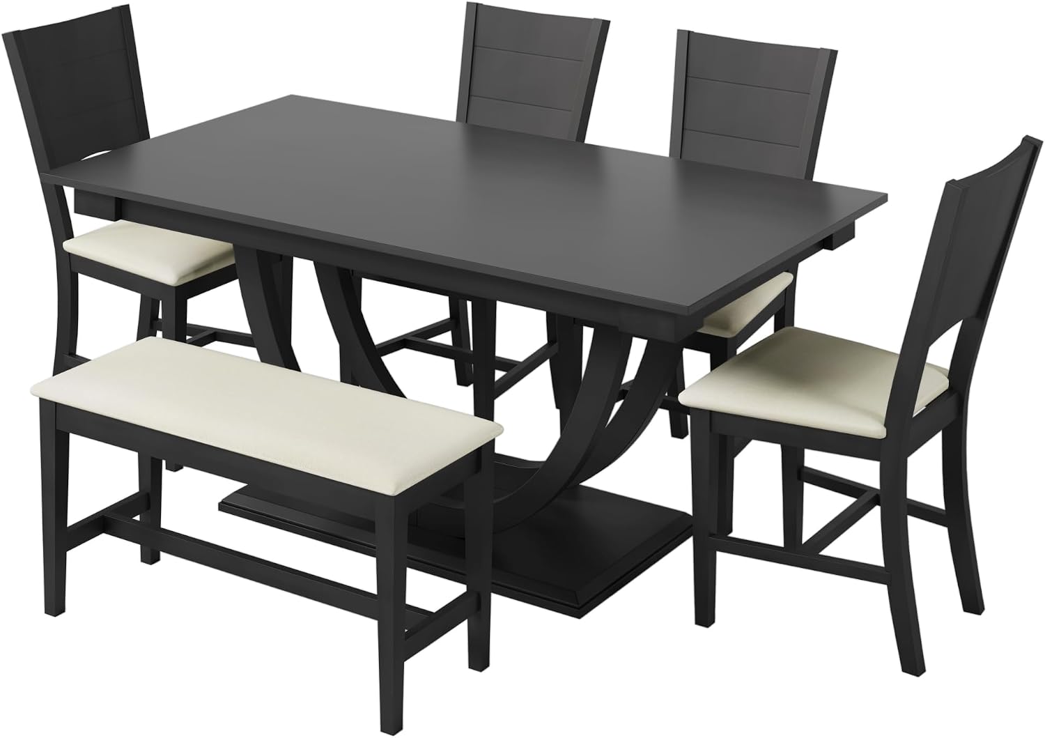Modern Solid Wood 6-Piece Dining Table Set, Unique Design Half Round Legs Dining Table with Upholstered Dining Chairs&Bench, Kitchen Dining Room Set for 6 (Grey-Half L)