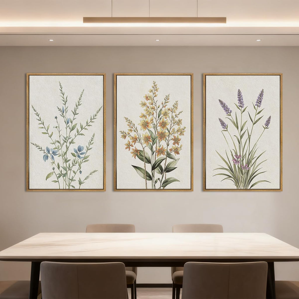 Anyzal Extral Large Botanical Framed Wall Art 24x36 Inch Neutral Floral Canvas Wall Decor Minimalist Beige Wildflower Painting for Living Room Bedroom Dining Room Set of 3