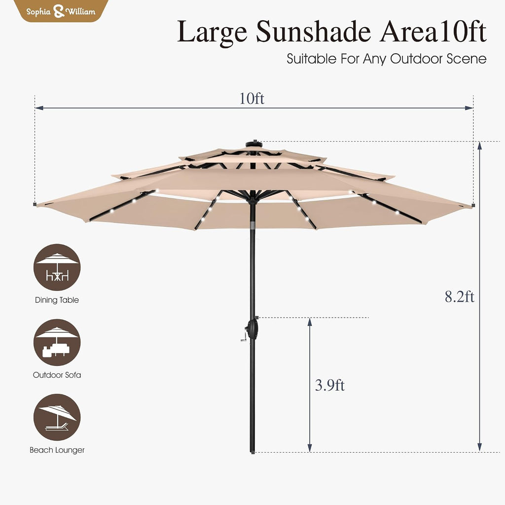 Sophia & William 10ft Patio Umbrellas 3-Tier Umbrella Outdoor Patio Umbrellas with Lights Vented Top 24 LED lights Adjustable Tilt for Pool Garden Backyard, Mixed Beige