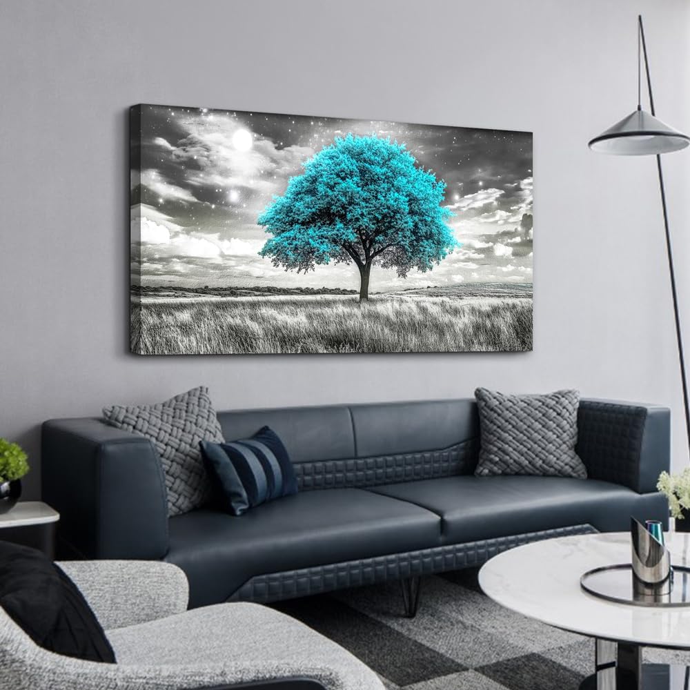 KELIYUAN Large Canvas Wall Art For Living Room Wall Decor For Bedroom Corridor Blue Tree Natural Scenery Full Of Stars Black And White Modern Printing Dining Room Kitchen Home Decoration 30 'X 60'