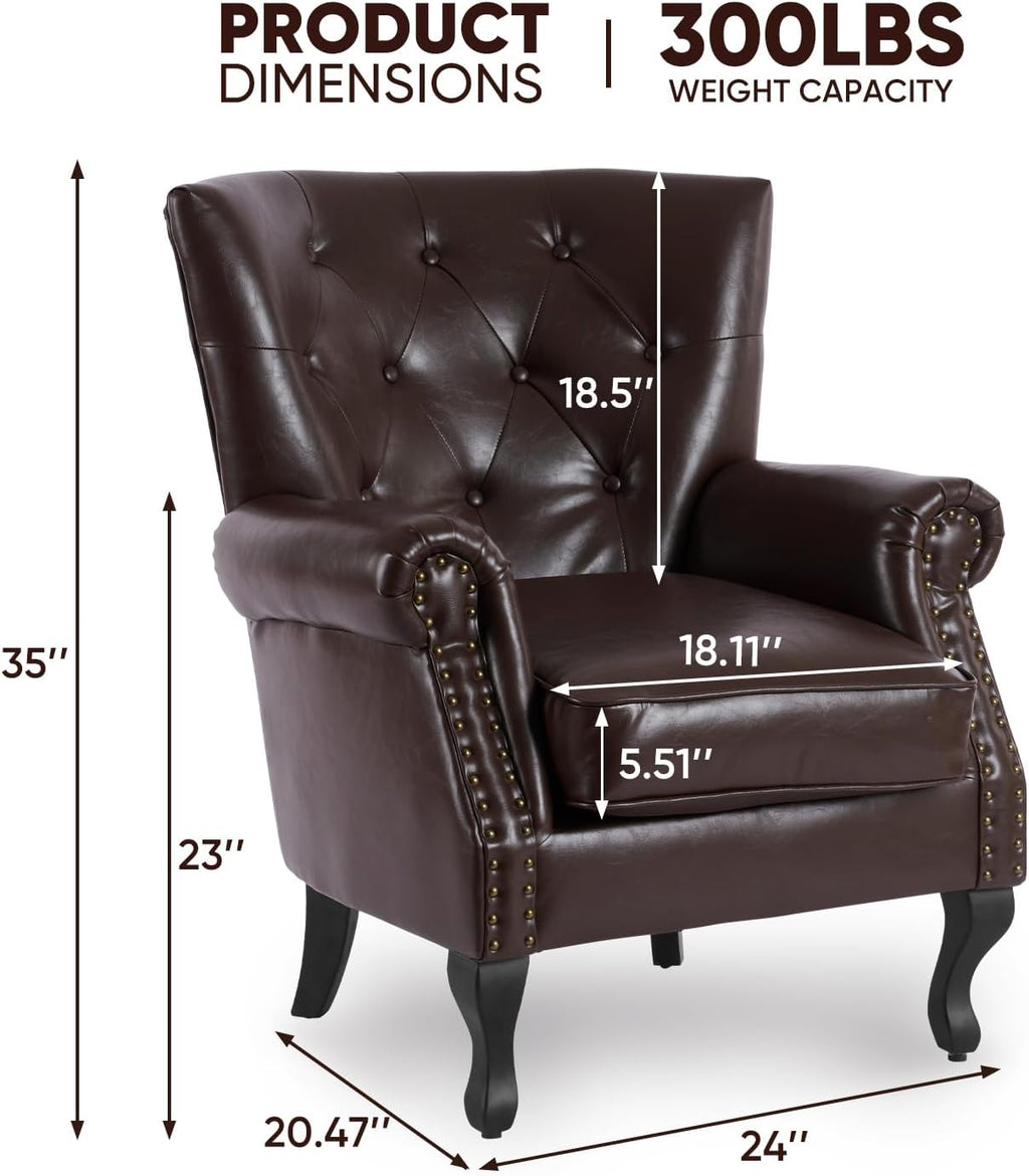 MOJAY PU Leather Accent Chair, Mid-Century Modern Armchair Living Room Club Chair with Tufted Button & Rivet Trim, Upholstered Sofa Chair with Sturdy Wood Legs for Bedroom (Caramel)