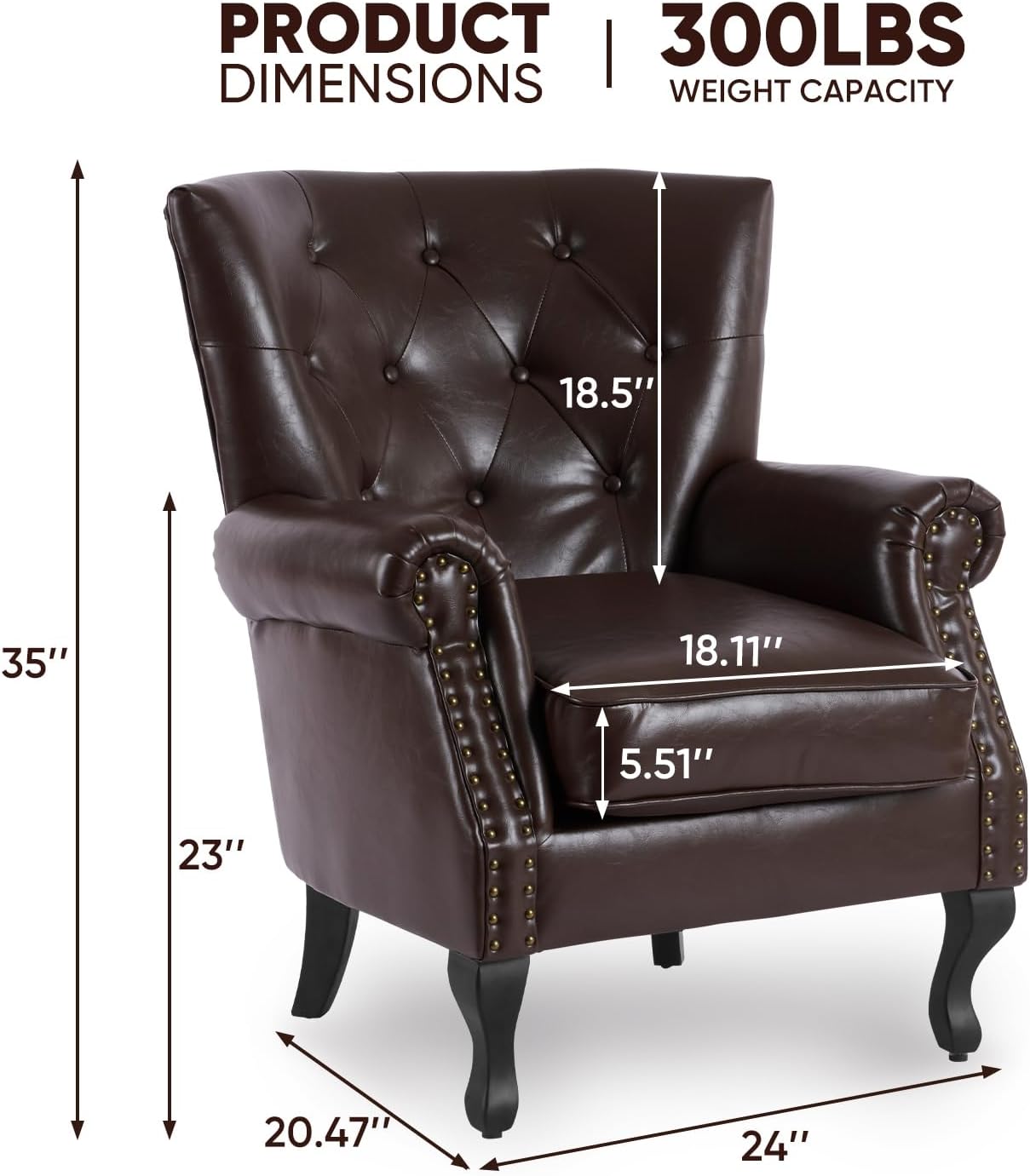 MOJAY PU Leather Accent Chair, Mid-Century Modern Armchair Living Room Club Chair with Tufted Button & Rivet Trim, Upholstered Sofa Chair with Sturdy Wood Legs for Bedroom (Caramel)