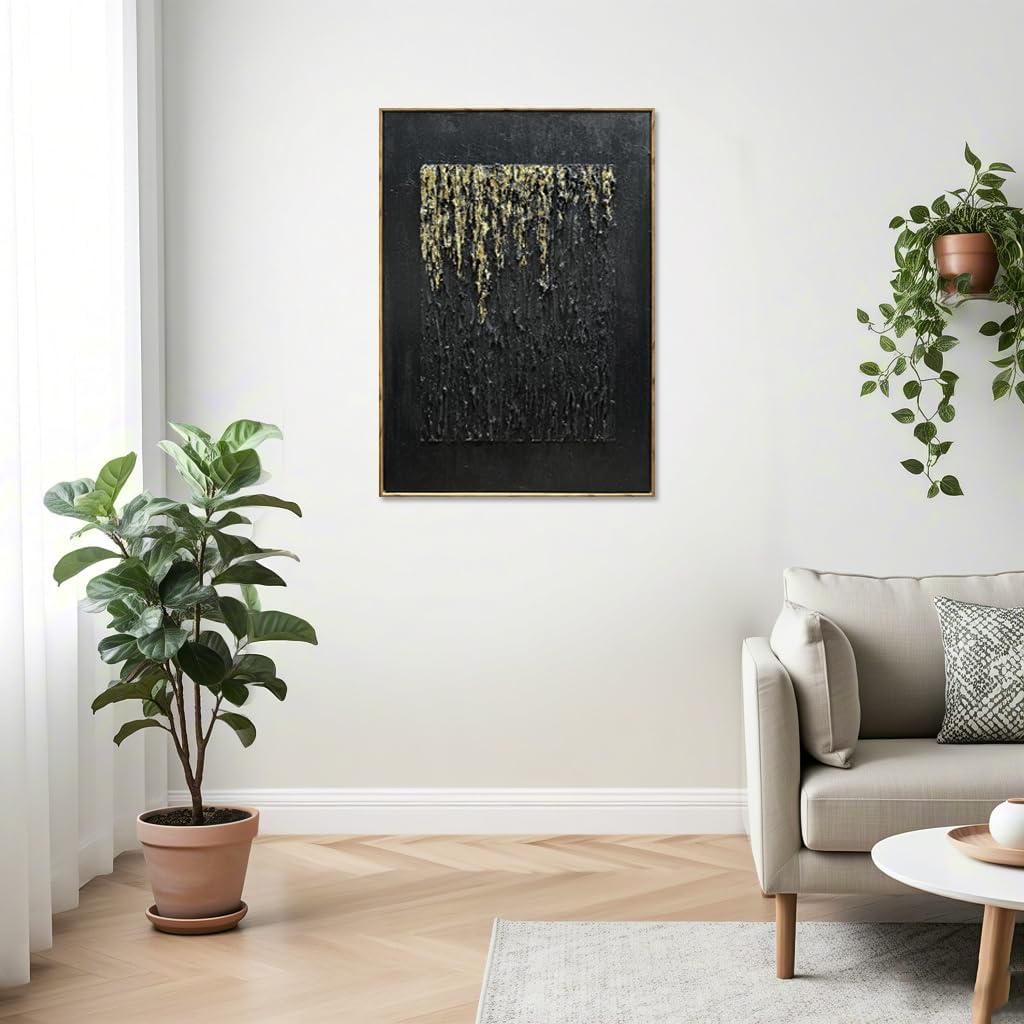Boiee Art,24x36Inch Hand Painted Golden Textured Acrylic Canvas Paintings Modern Black Decorative Wall Art Abstract Framed Artwork