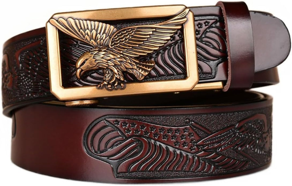 Mens Ratchet Leather Belt, Genuine Leather belts, Engraved Vintage Dragon Eagle Tiger Buckle, Business leisure belt