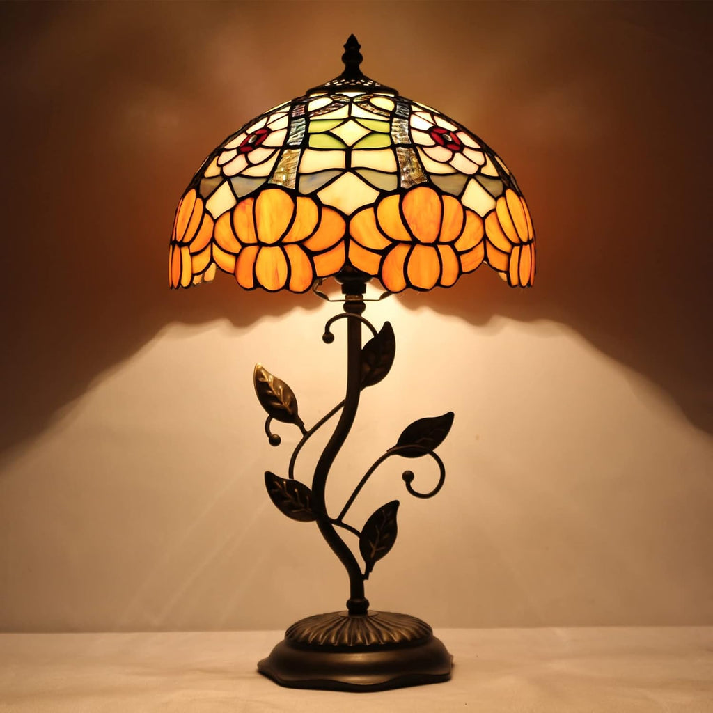 Tiffany Lamp Orange Flower Stained Glass Table Lamp Desk Bedside Reading Light 12X12X19 Inches with Metal Leaf Base Decor Bedroom Living Room