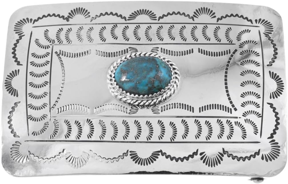 Alltribes Navajo Turquoise Hammered Silver Belt Buckle Traditional Southwest Western Design 0108