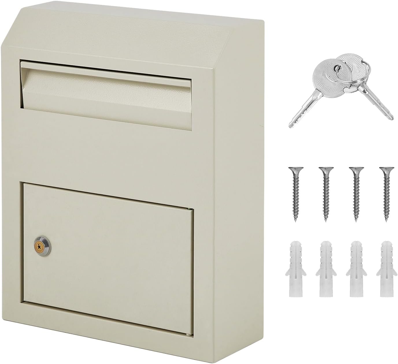 Wall Mount Mailbox for Outside, Locking Key Lock Security Mailbox, 12 x 4.5 x 15 Inch Steel Metal Post Box, Key Drop Box for House Office, White