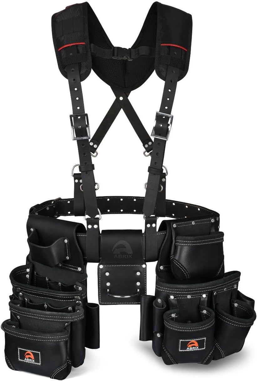 ABRIX Heavy Duty Tool Belt for Men – 4MM Thick Genuine Leather, Brass Buckle & Rivets | Foam Padded Comfort | 28-Pocket Carpenter & Framing Rig with Suspender | Work Belt Fit upto 32' to 52'