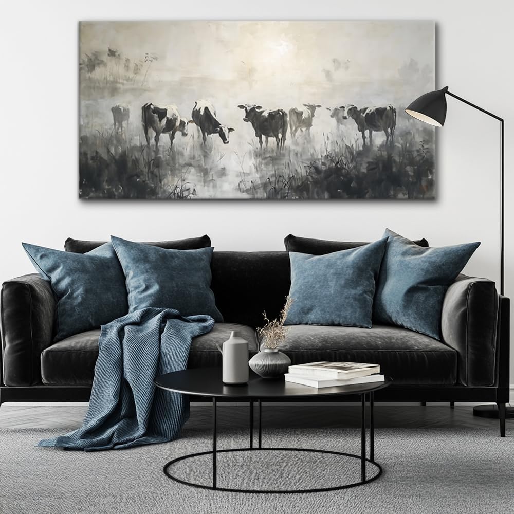 LASMOND Black and White Cow Wall Art for Living Room Ink Wash Canvas Painting Prints Morning Cattle Vintage Country Farmhouse Artwork Bedroom Office Decor (58x28 Inches)