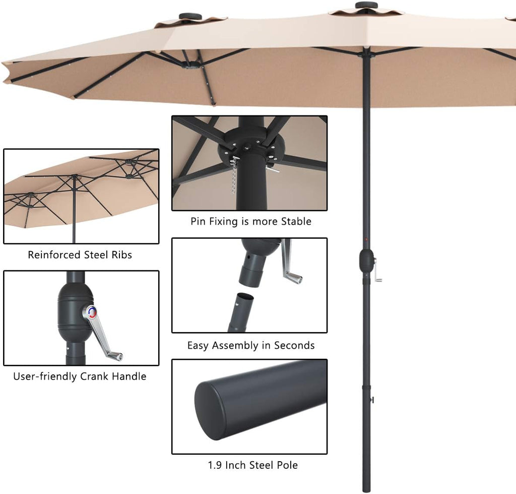 Tangkula 15 Ft Double Sided Patio Umbrella with Solar Lights, Extra Large Rectangle Outdoor Umbrella with 36 LED Lights & Crank Handle for Deck, Poolside, Garden, Backyard (Beige)