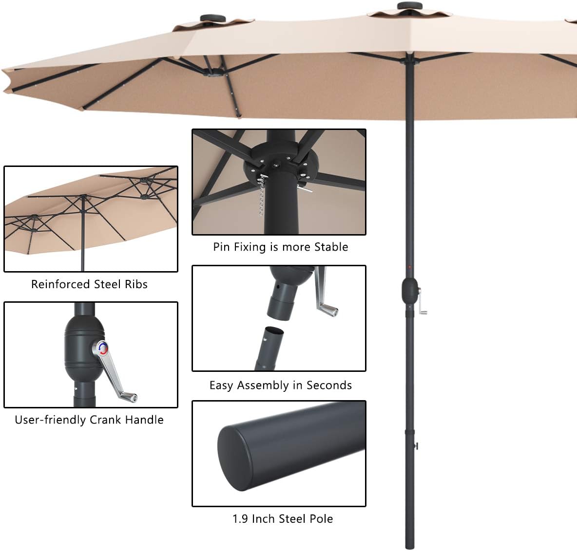 Tangkula 15 Ft Double Sided Patio Umbrella with Solar Lights, Extra Large Rectangle Outdoor Umbrella with 36 LED Lights & Crank Handle for Deck, Poolside, Garden, Backyard (Beige)