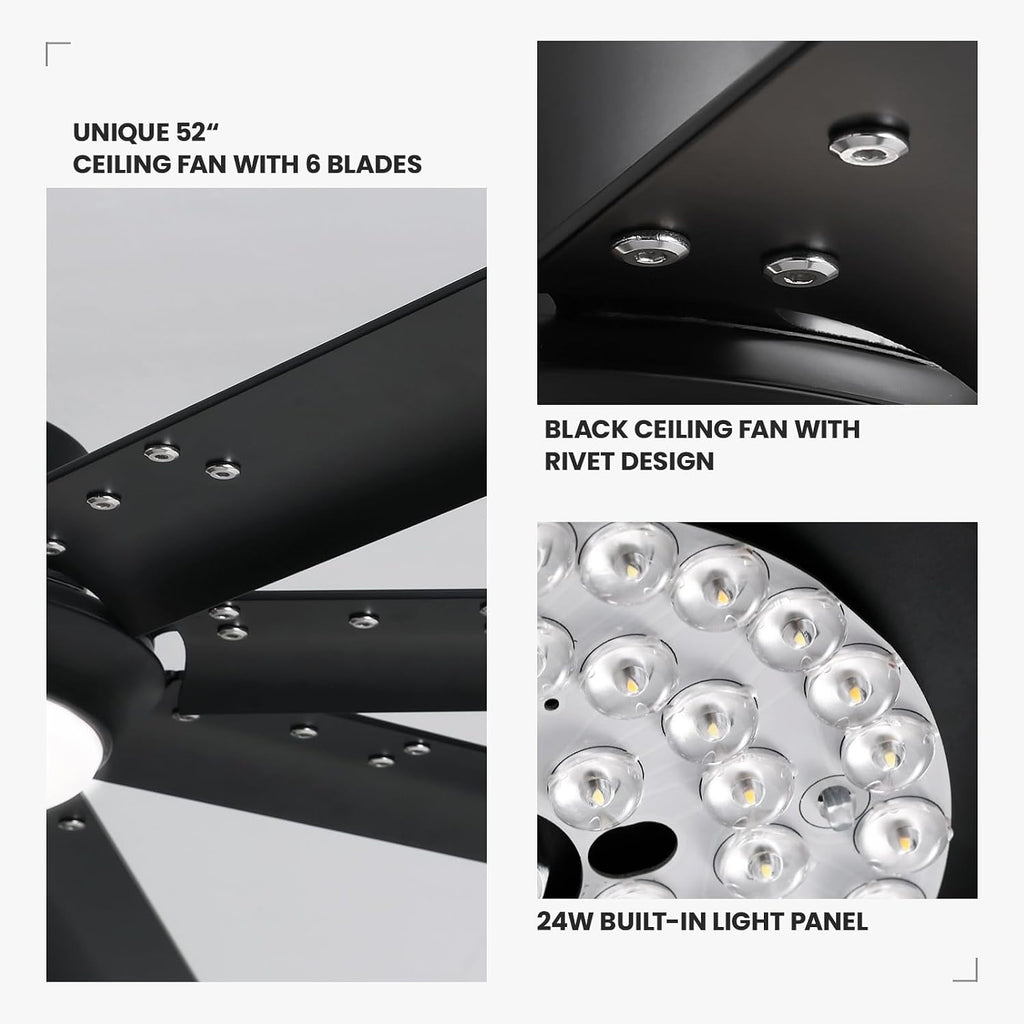 52 Inch Modern Ceiling Fan with Lights & Remote Control, 3CCT, Black Industrial Ceiling Fan, Aluminum Fandelier Dimmable, Reversible 6 Speed Quiet for Living Room Patio Bedroom Dining Room