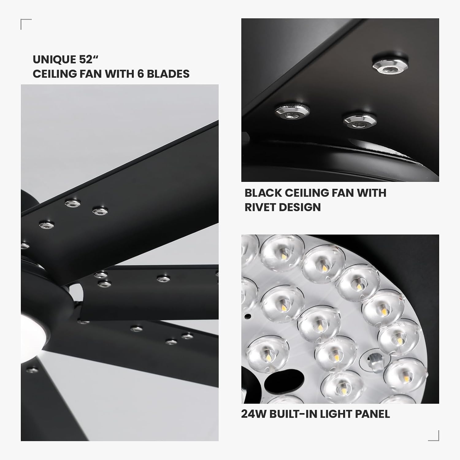 52 Inch Modern Ceiling Fan with Lights & Remote Control, 3CCT, Black Industrial Ceiling Fan, Aluminum Fandelier Dimmable, Reversible 6 Speed Quiet for Living Room Patio Bedroom Dining Room