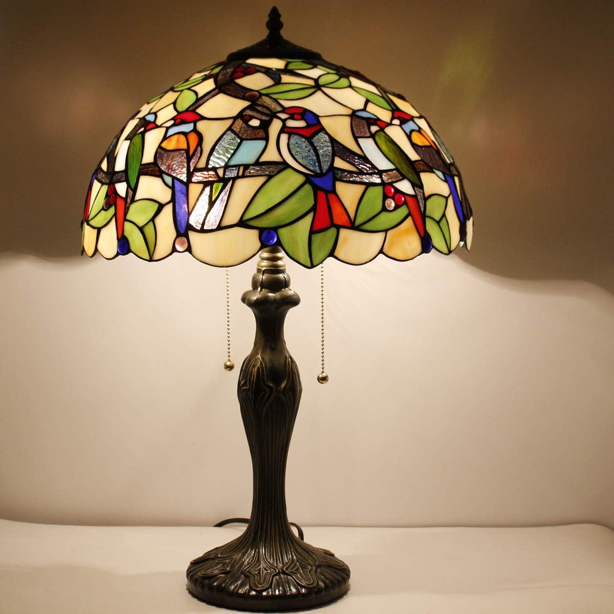 WERFACTORY Tiffany Table Lamp Colorful Stained Glass Birds Bedside Lamp 16X16X24 Inches Desk Reading Light Metal Base Decor Bedroom Living Room Home Office S805 Series