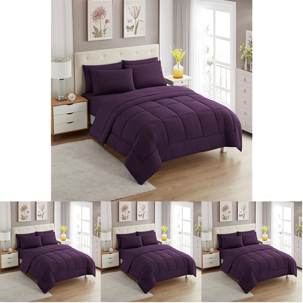 Sweet Home Collection 7 Piece Comforter Set Bag Solid Color All Season Soft Down Alternative Blanket & Luxurious Microfiber Bed Sheets, Purple, Twin (Pack of 4)