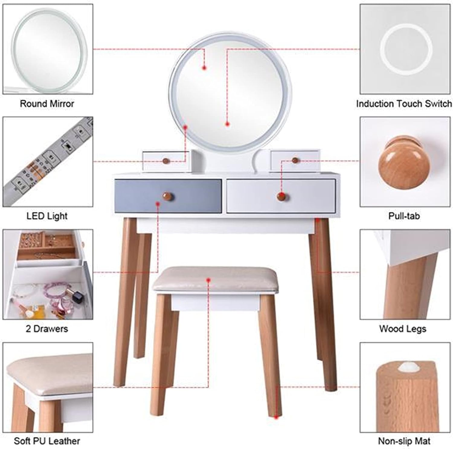 Dresser Vanity Table with Mirror Bedroom Wood Dressing Table Simple Makeup Table with Lamp Three Color Adjustable Dressing Table (Color : White)