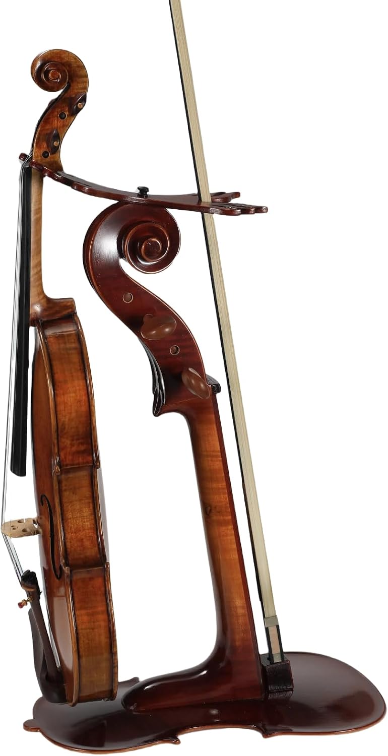 Solid Wood Violin Stand with Bow Holder - No Assembly Needed, Heavy-Duty 4/4 Size Display, Handcrafted Cut-Out Design for Home/Studio/Stage