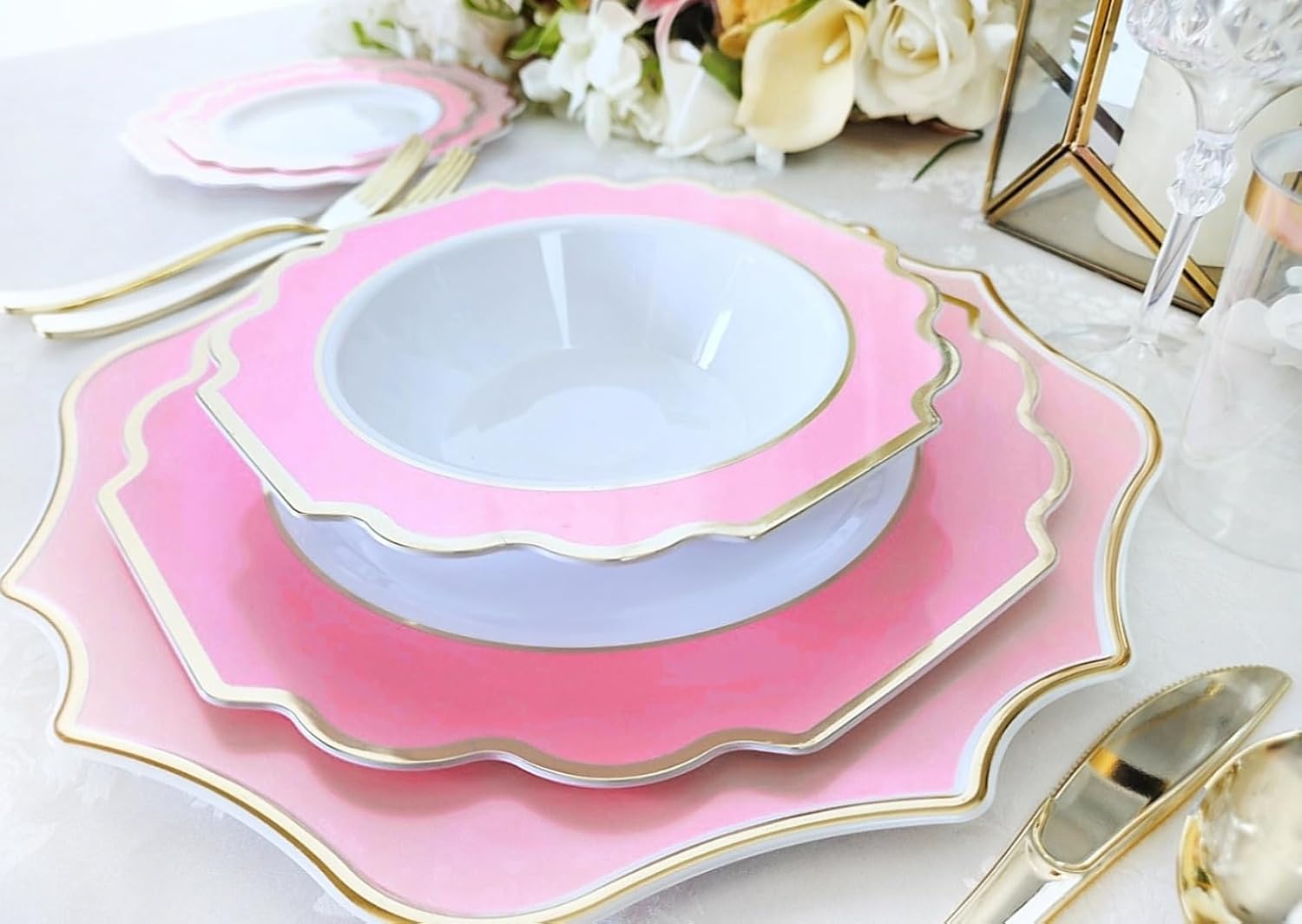 ' OCCASIONS ' 960 Piece set (120 Guests)-Heavyweight Wedding Party Disposable Plastic Plate Set - 120 x 10.5'' + 120 x 8'' + Silverware + Cups + Napkins (Imperial in Rose Pink & Gold)