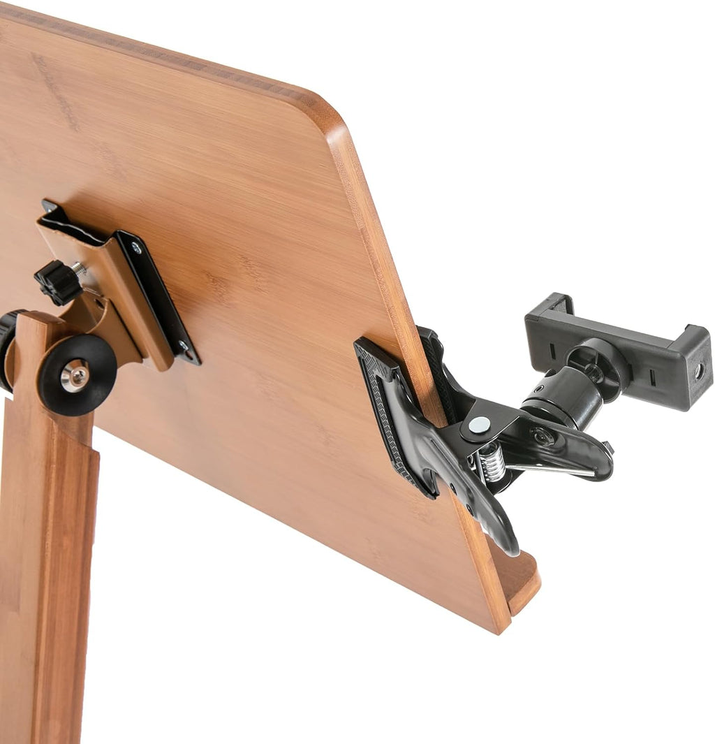 Bamboo Music Stand Adjustable Height Sheet Music Stand with Mobile Phone Holder, Anti-slip Foot Pads, Freestanding Music Stand 340° Rotatable Music Holder Rack (100-130cm)