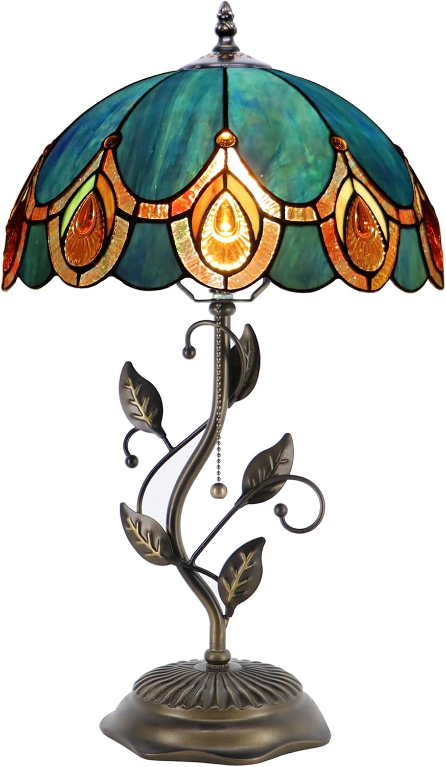Tiffany Table Lamp, Stained Glass Style Desk Lamp, 12X12X19 Inch,Bedside Reading Light, Metal Leaf Base（Peacock Crystal Style
