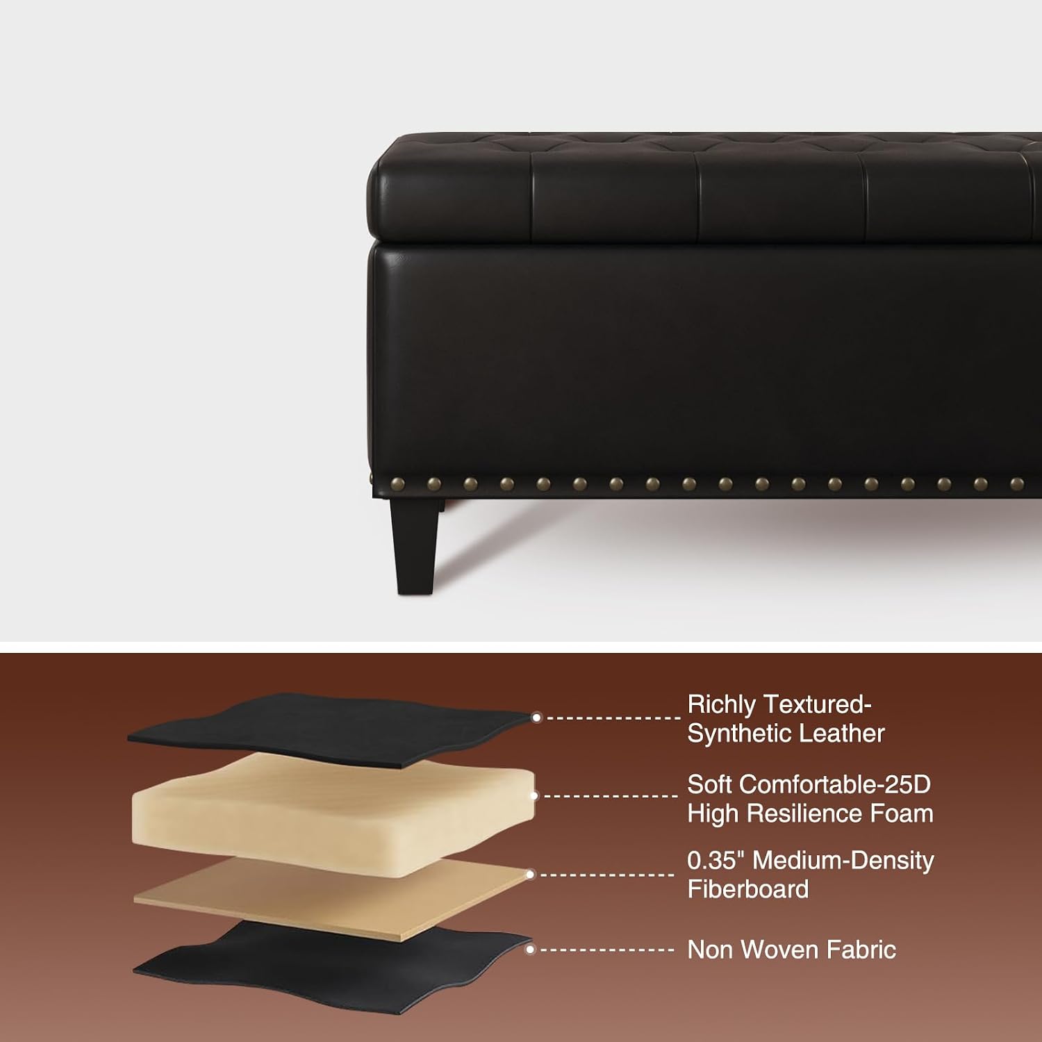 FiveWillowise Storage Ottoman Bench,51-Inch Large Storage Bench for Bedroom End of Bed, 30 Gallons Faux Leather Ottoman with Storage for Bedroom, Living Room, Entryway, Black