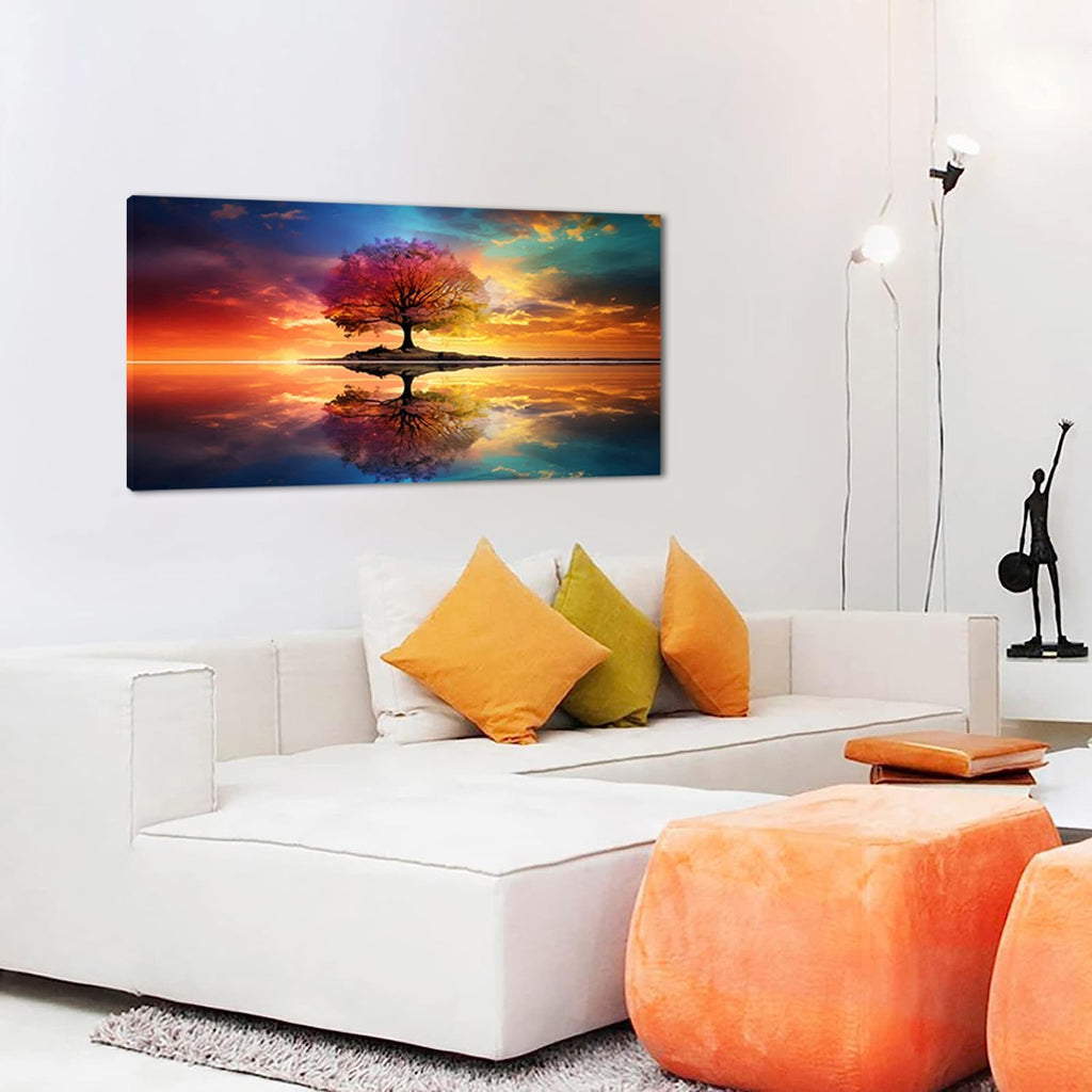 Lasdel Tree Alone Standing Middle Of Lake Landscape Canvas Wall Art for Living Room Bedroom Home, Beautiful Nature Scenery Painting Print Picture Decor Artwork, Wrapped Gift Inner Frame 328x58 Inches