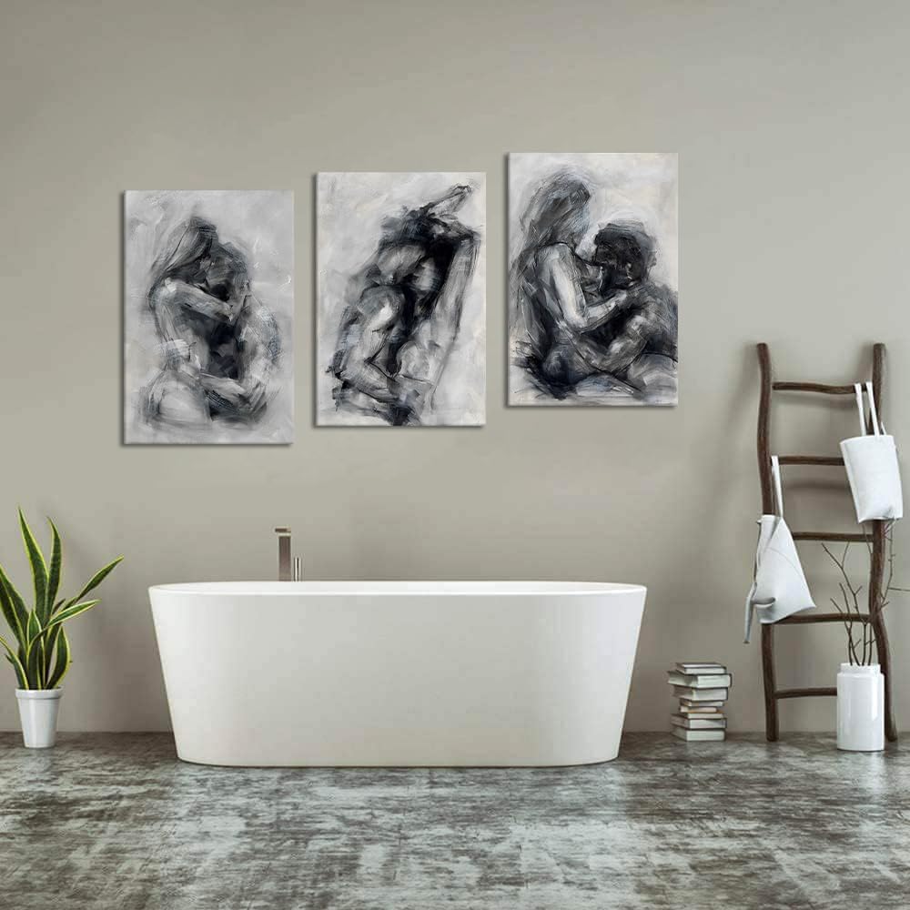 Large Abstract Sexy Canvas Wall Art Set of 3 Abstract Naked Couple Black and White Canvas Print Painting for Bathroom Bedroom Home Decorations 24x36inchx3pcs
