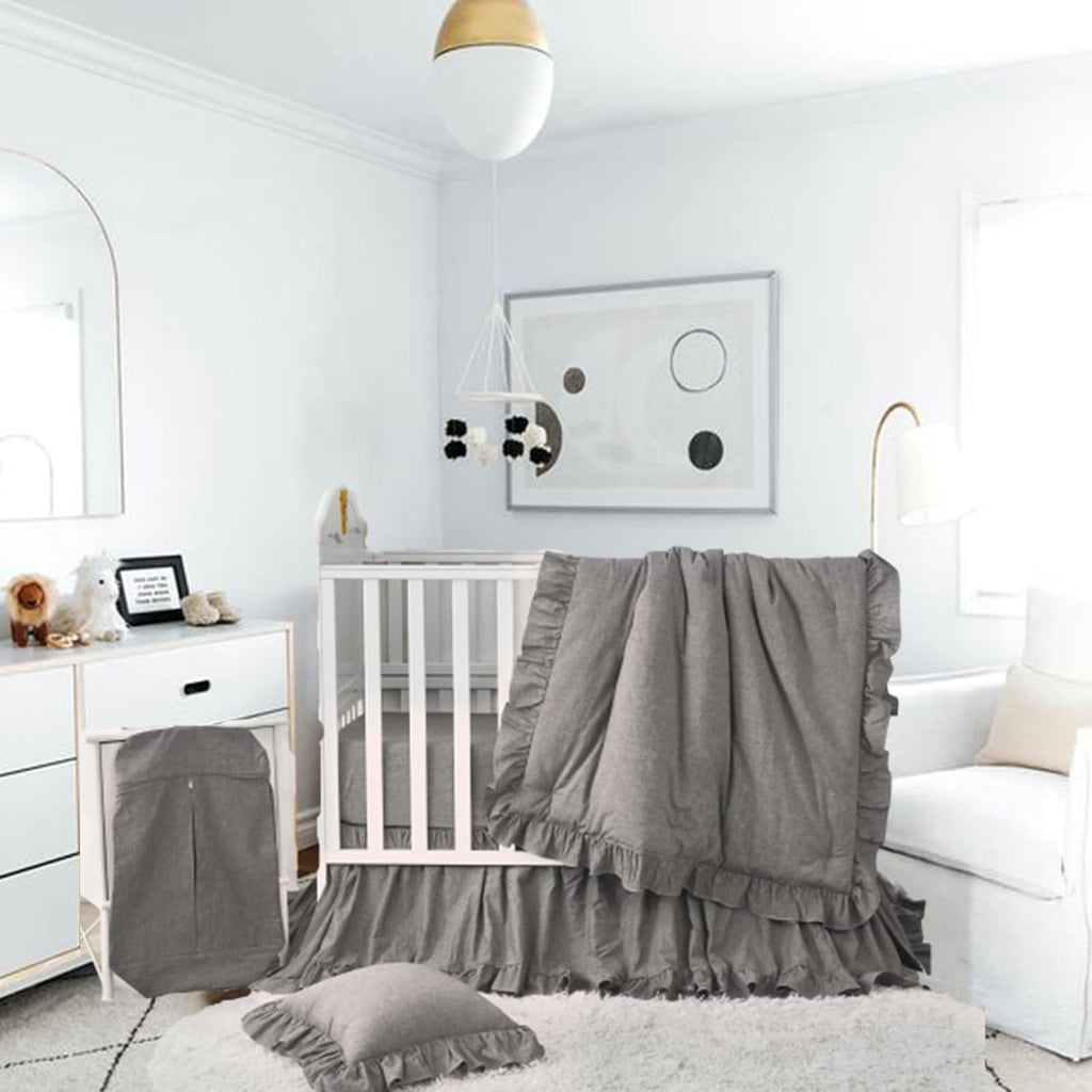 Brandream Ruffle Crib Bedding Set for Baby Boys 100% Cotton Gender Neutral Boho Bohemian Farmhouse Chic 6-Piece Nursery Bedding Set Grey