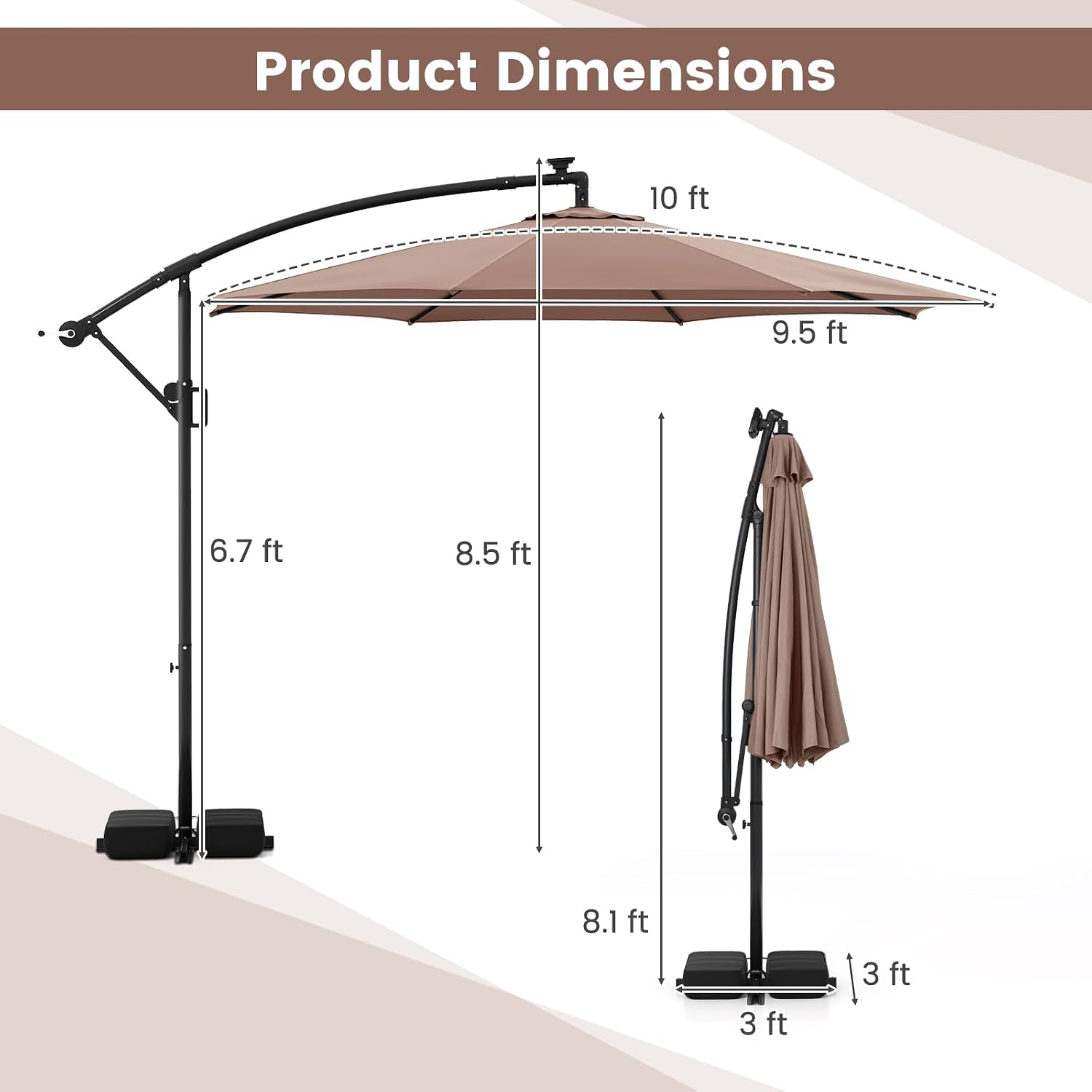 Tangkula 10 FT Solar Patio Umbrella with Base Included, Cantilever Offset Hanging Outdoor Umbrella with 96 Multi-Colored Flowing LED Lights, 9 Modes, Tilt Adjustment, 360° Rotation, Crank for Pool Yard Deck Lawn (Coffee)