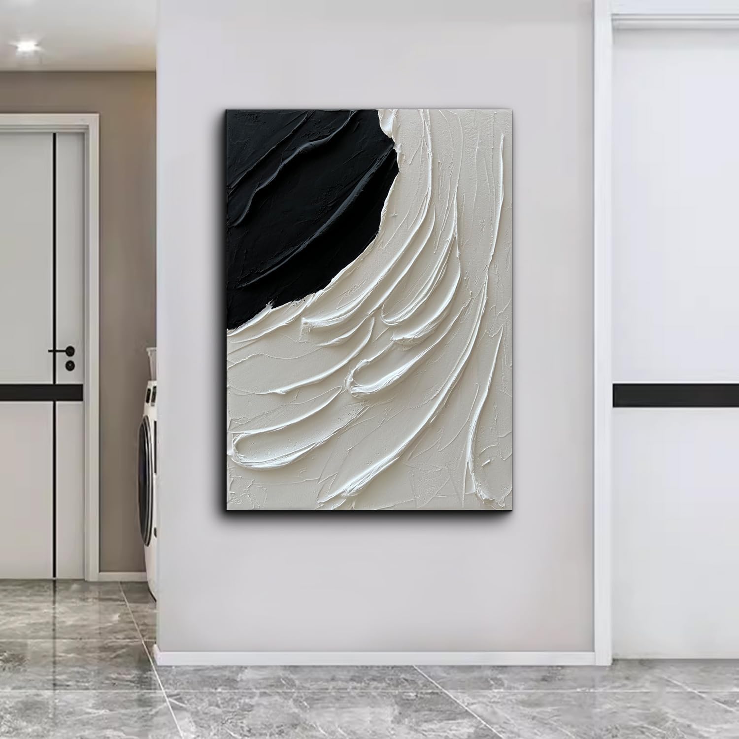 Creespi Hand Painted Thick Textured Black and White Wall Art 28x40 inch,Modern Minimalist Abstract Oil Painting On Canvas for Wall Decor
