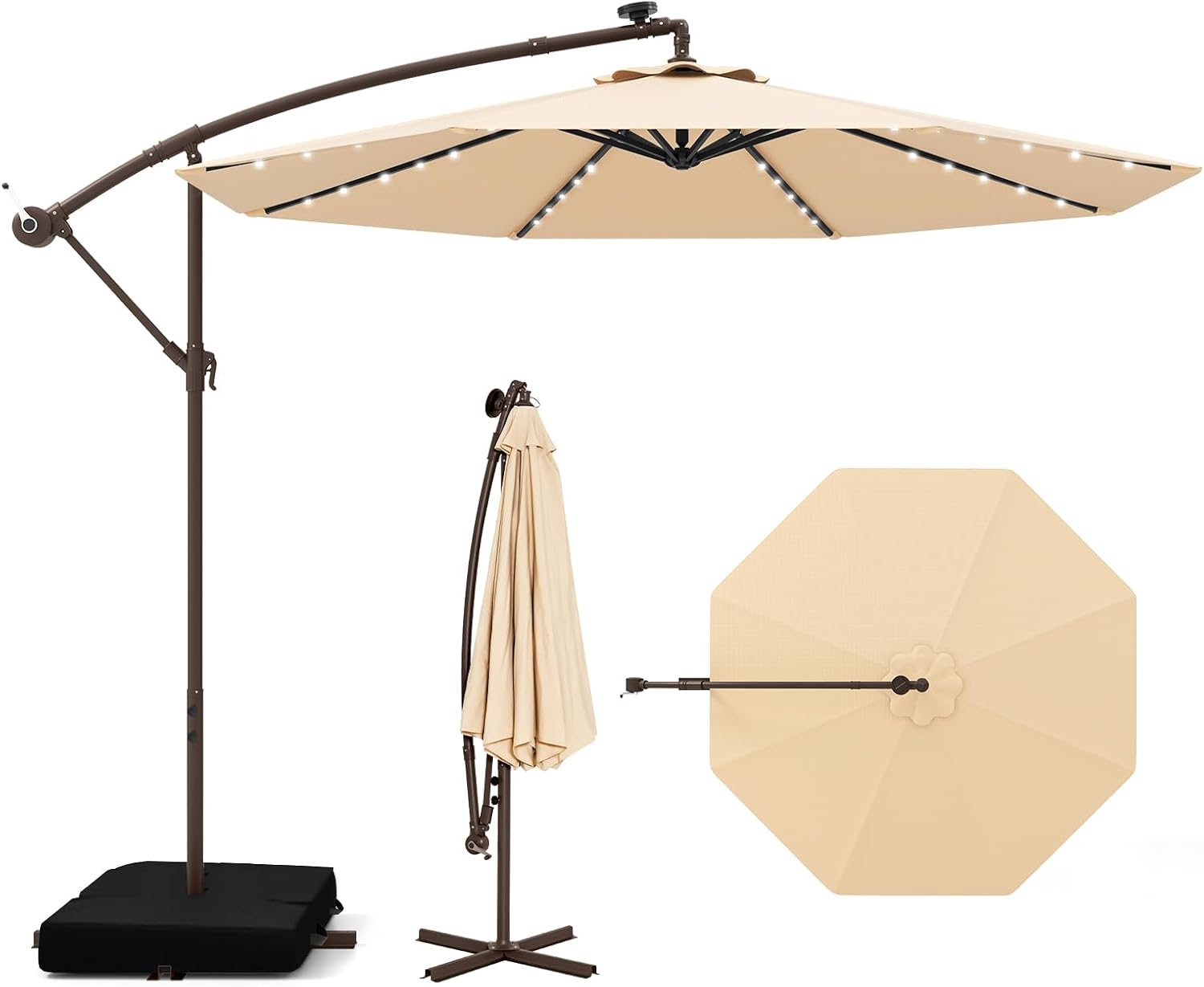Tangkula 10FT Offset Patio Umbrella with Base Included, Outdoor Cantilever Umbrella with 40 Solar LED Lights, Tilt Adjustment, Crank Handle, Vented Top, Sand Bags for Pool Yard Deck (Beige)