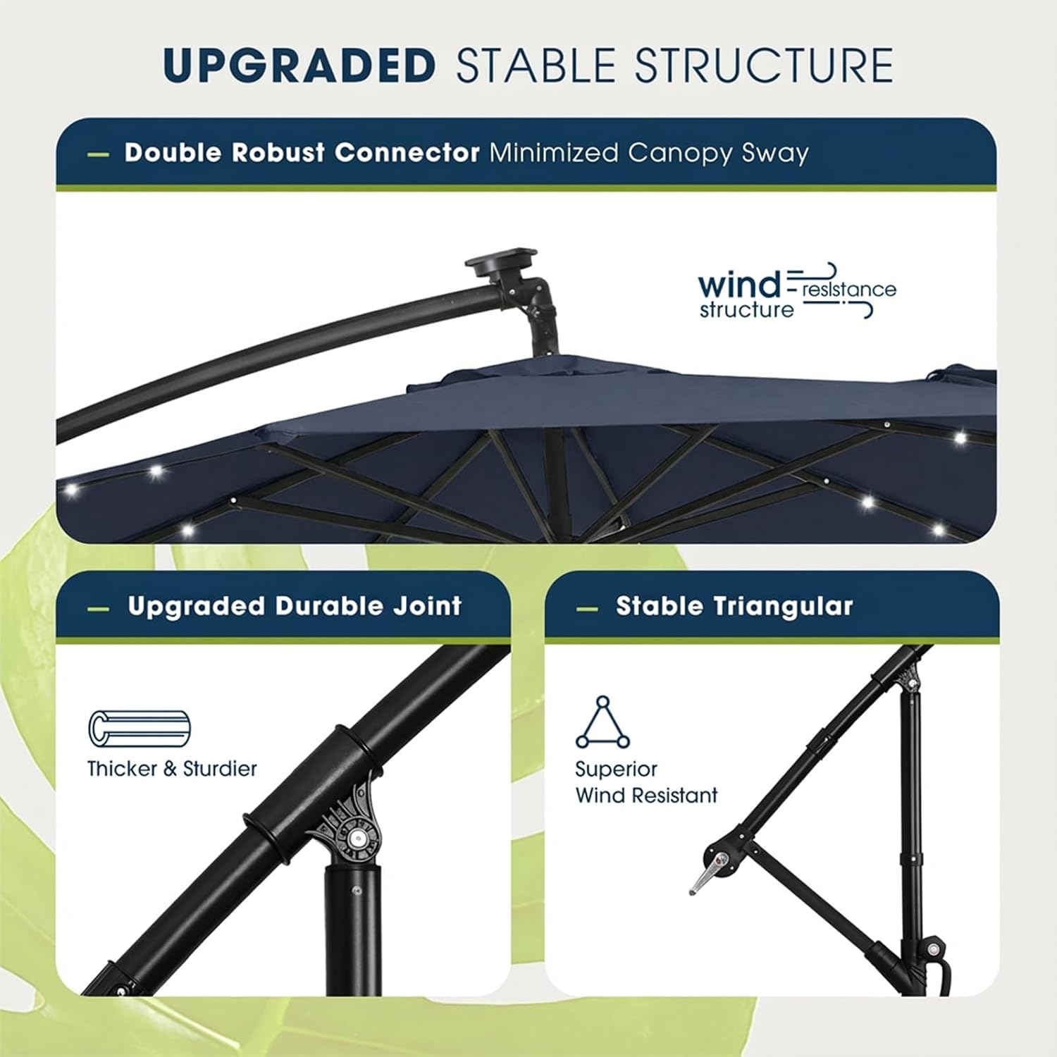 wikiwiki 10ft Solar LED Patio Umbrella with Base Included, Offset Umbrella with Weighted Sandbag Base, Cantilever Patio Umbrella for Backyard, Garden & Deck, 32 LED Lights & Polyester Shade, Navy Blue