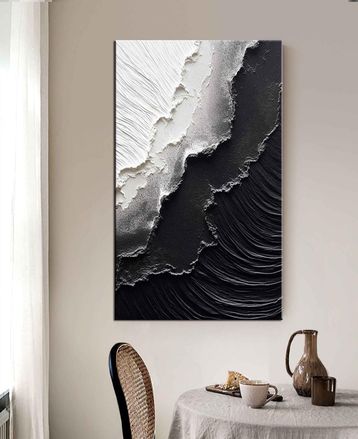 YaSheng Art - Vertical Wall Art Texture Abstract Oil Painting ,Hand Painted sea wave Black and White Wall Art Minimalist modern Art Paintings,, Home Living room Room Dining Room Bedroom Wall Decorative Art Oil Painting 24x48inch