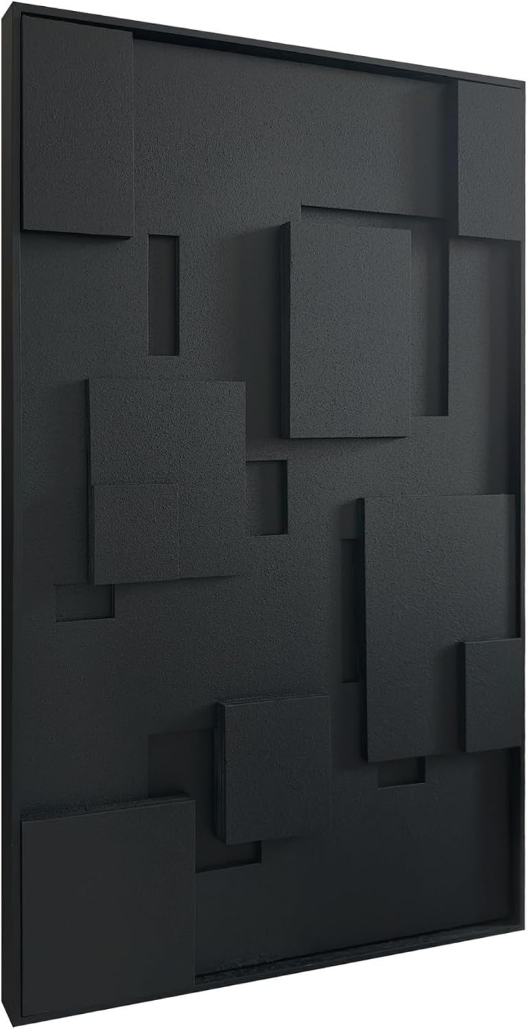 Slyart 3D Black Geometric Textured Plaster Wall Art, Handmade Contemporary Art Abstract Relief Painting, Framed Thick Texture Vertical Wall Art 24x36 Inch